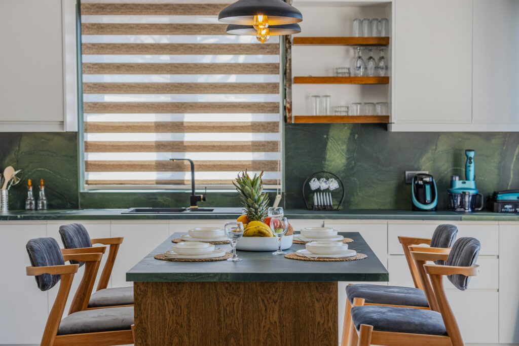 A contemporary dining room with stylish table setting and cozy ambiance.