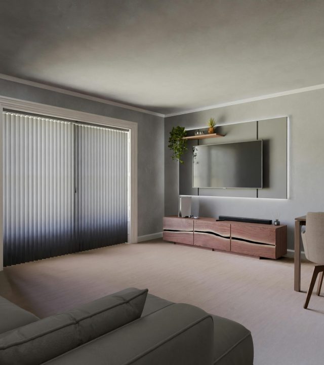 Sleek minimalist living room with TV, sofa, and natural light.